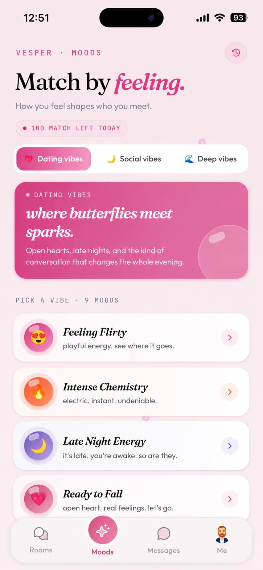 Vesper Moods screen: match by feeling